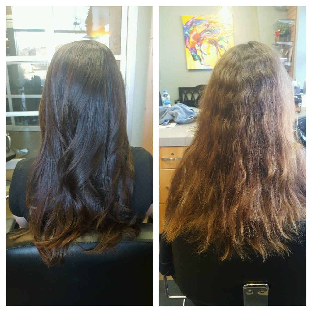 Before and after: Brassy to glossy brunette by Gabriela's Hair Studio